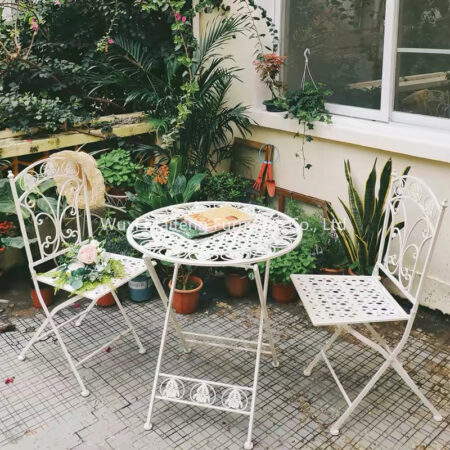 Foldable 3-Piece Balcony Table & Chair Set, Modern Simple Wrought Iron Leisure Furniture, Garden Patio Bistro Table for Courtyard, Park & Cafe