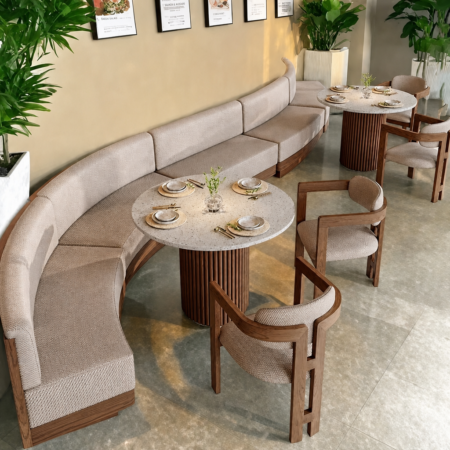 MF20261014-RS-085 Curved Solid Wood Frame Fabric Booth for Restaurant Cafe