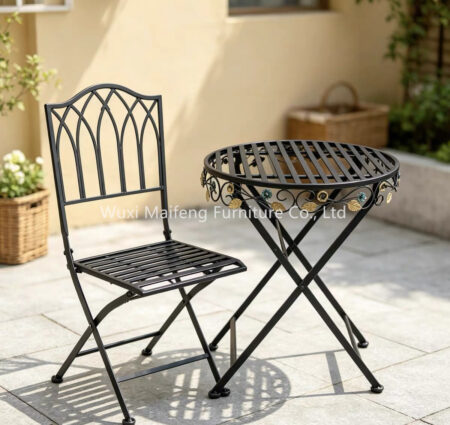 French vintage carved hollow wrought iron folding table and chair set portable for courtyard balcony homestay milk tea shop
